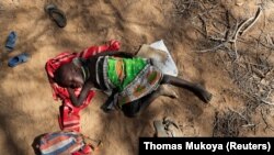 (FILE) A child from Kenya affected by the worsening drought due to failed rain seasons, sleeps under a tree.