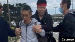 On Nov. 17, 2023, Chinese President Xi Jinping wrapped up his visit in the US and left from the San Francisco Airport. Kaiyu Zhang, shown, of the Democracy Party of China, was attacked by a group of people wearing red ribbons. (Photo courtesy Kaiyu Zhang)