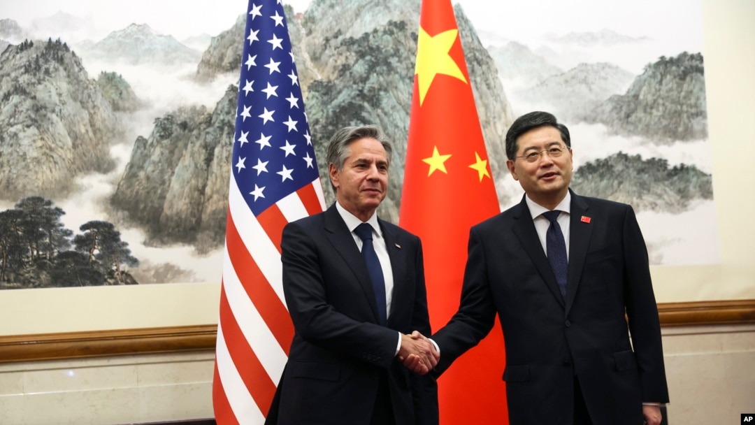 Ministri w’ububanyi n’amahanga wa leta zunze ubumwe z’Amerika, Antony Blinken, na ministri w’ububanyi n’amahanga w'Ubushinwa Qin Gang, kuri prezidansi y'i Beijing taliki 18/6/2023