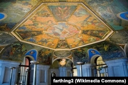 Ceiling of New York State Capitol Building, Albany features stereotyped depictions of Native Americans painted by muralist William deLeftwich Dodge.