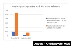 Grafik hasil uji laboratorium kandungan logam berat di perairan Belawan, Sumatra Utara. (VOA/Anugrah Andriansyah)