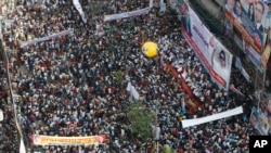 Bangladesh Nationalist Party activists protest in Dhaka, Oct. 28, 2023. Police in the city fired tear gas to disperse supporters of the main opposition party, who threw stones at security officials during the rally.