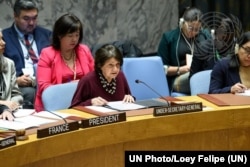 FILE—Rosemary DiCarlo, Under-Secretary-General for Political and Peacebuilding Affairs, briefs the Security Council meeting on threats to international peace and security.