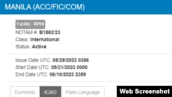 필리핀 민간항공청(CAAP)이 29일 발표한 항공고시보(NOTAM). 출처=연방항공청(FAA)