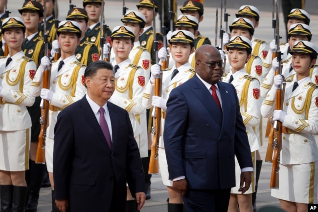 Republic of Congo's President Felix Tshisekedi, right, and Chinese President Xi Jinping attend a welcoming ceremony at the Great Hall of the People in Beijing, China, May 26, 2023.