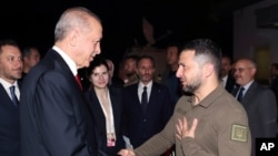Turkish President Recep Tayyip Erdogan, left, shakes hands with Ukrainian President Volodymyr Zelenskyy at the end of their meeting in Istanbul, Turkey, early July 8, 2023. (Turkish Presidency via AP)