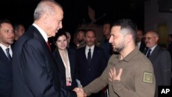 Turkish President Recep Tayyip Erdogan, left, shakes hands with Ukrainian President Volodymyr Zelenskyy at the end of their meeting in Istanbul, Turkey, early July 8, 2023. (Turkish Presidency via AP)