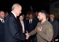 Turkish President Recep Tayyip Erdogan, left, shakes hands with Ukrainian President Volodymyr Zelenskyy at the end of their meeting in Istanbul, July 8, 2023. (Turkish Presidency via AP)