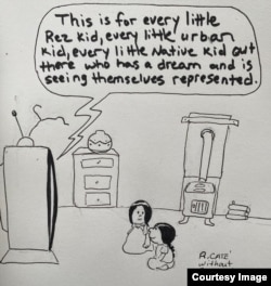 Cartoon by Ricardo Cate of Santo Domingo/Kewa Pueblo in New Mexico shows two children watching and being inspired by Lily Gladstone's speech at the 2023 Golden Globe Ceremony.