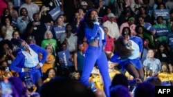 FILE - U.S. rapper Megan Thee Stallion performs during a campaign rally for U.S. Vice President and 2024 Democratic presidential candidate Kamala Harris in Atlanta, Georgia, on July 30, 2024. The rapper has campaigned for Harris on TikTok.