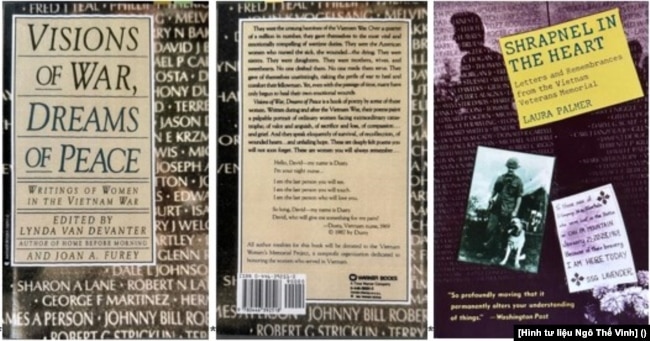 Trái: Hình bìa cuốn sách Tầm nhìn Chiến tranh và Giấc mơ Hoà bình [Vision of War and Dreams of Peace] [2] Nxb A Time Warner Company 1991; Phải: hình bìa cuốn Miểng Đạn Trong Tim [Shrapnel in The Heart] [1] của Laura Palmer”, Nxb Vintage Books 1987. [Hình tư liệu Ngô Thế Vinh]