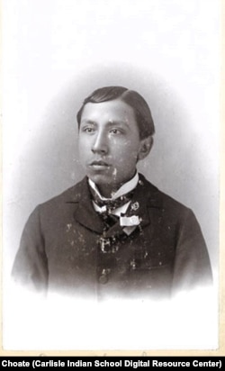Photo portrait of Carlisle Indian School student Edward, Winnebago, taken by John Choate, ca. 1897.