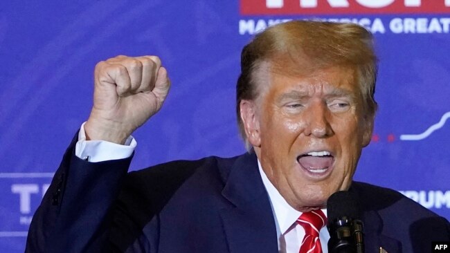 FILE - Republican presidential hopeful and former US President Donald Trump speaks at a campaign event in Concord, New Hampshire, on Jan. 19, 2024.