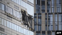 A damaged office in the Moscow International Business Center (Moscow City) is seen following a reported drone attack in Moscow, Russia, July 30, 2023.