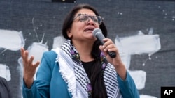 FILE - Representative Rashida Tlaib speaks during a rally at the National Mall during a pro-Palestinian demonstration in Washington, Oct. 20, 2023.