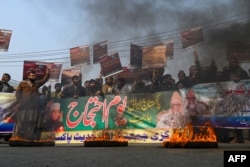 Markazi Jamiat Ahle Hadees Pakistan activists protest in Lahore on Jan. 19, 2024, after Iran launched an airstrike in Pakistan's southwest Baluchistan province.