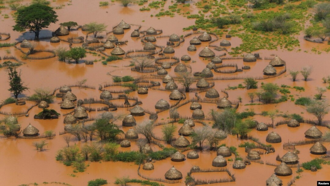 An aerial view shows a deserted and flooded traditional homestead following heavy rains in Garsen, Tana Delta within Tana River county, Kenya, Nov. 23, 2023. 