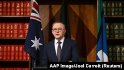 FILE — Australian Prime Minister Anthony Albanese speaks to media following a Ministry Meeting in Melbourne, Oct. 11, 2023. He arrived in China on Nov. 4, 2023, for a four-day visit. (AAP Image/Joel Carrett via Reuters)