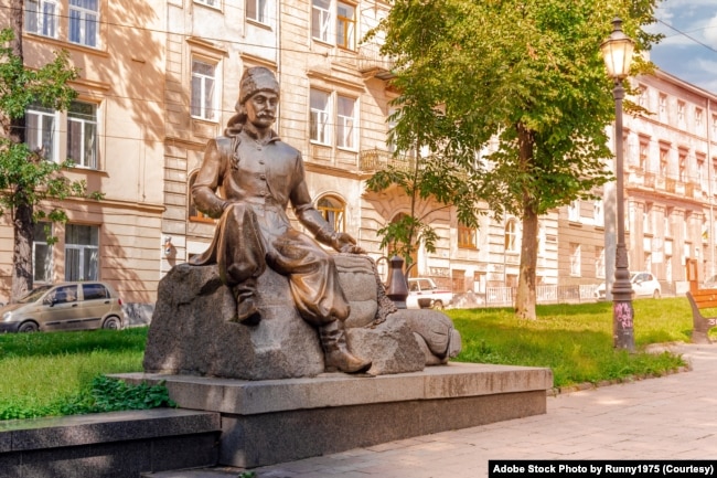 FILE - Statue of Yuri Franz Kulchytsky, a Polish nobleman and diplomat. In 1683, the first cafe in the city opened in Lviv. Ukraine. January, 2021. (Adobe Stock Photo by Runny1975)