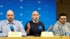 Vladimir Kara-Murza, Andrei Pivovarov and Ilya Yashin hold a press conference in Bonn, Germany, after being freed in a multi-country prisoner swap Aug. 2, 2024.