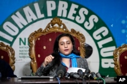 Munizae Jahangir, co-chair at the Human Rights Commission of Pakistan, speaks at a news conference in Islamabad, Jan. 1, 2024. The rights body said there's little chance of free and fair elections next month because of "pre-poll rigging."