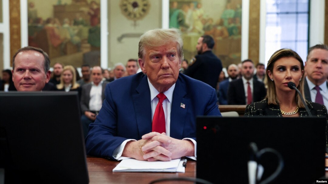 Former U.S. President Donald Trump, with lawyers Christopher Kise, left, and Alina Habba, attends the closing arguments in the Trump Organization civil fraud trial at New York State Supreme Court in New York, Jan. 11, 2024.