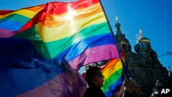 FILE — Gay rights activists carry rainbow flags as they march during a May Day rally in St. Petersburg, Russia, May 1, 2013. Russia’s Supreme Court on Nov. 30, 2023, effectively outlawed LGBTQ+ activism in the increasingly conservative country. 