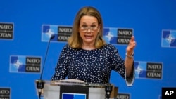 U.S. Ambassador to NATO Julianne Smith speaks at alliance headquarters in Brussels, Feb. 15, 2022. She said July 12, 2023, at NATO's Vilnius summit that the group is "not adding members from the Indo-Pacific.”