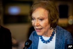 FILE - Rosalynn Carter, shown here speaking at the Carter Center in Atlanta, Georgia, on Nov. 5, 2019, was an early advocate of improved media coverage of mental illness.