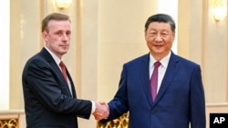 Penasihat Keamanan Nasional Gedung Putih Jake Sullivan menjabat tangan Presiden China Xi Jinping dalam pertemuan di Beijing, China, pada 29 Agustus 2024. (Foto: Li Xueren/Xinhua via AP)