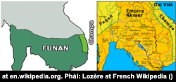 Trái: Sơ đồ Vương quốc Phù Nam vào khoảng thế kỷ thứ III (nguồn: L. Joo at en.wikipedia.org); phải: Sơ đồ Vương quốc Khmer với diện tích bao trùm nam Việt Nam, Cam Bốt, Lào, Thái Lan và bán đảo Mã Lai, và rồi tiêu vong vào thế kỷ thứ XV (nguồn: Lozère at French Wikipedia)