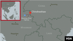 A map showing the location of Chinshwehaw on the Myanmar-China border, and Highway 34, which runs through Chinshwehaw.
