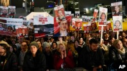 At a Jan. 27, 2024, rally in Tel Aviv, Israel, demonstrators demand the release of hostages taken on Oct. 7, 2023, by Hamas militants.