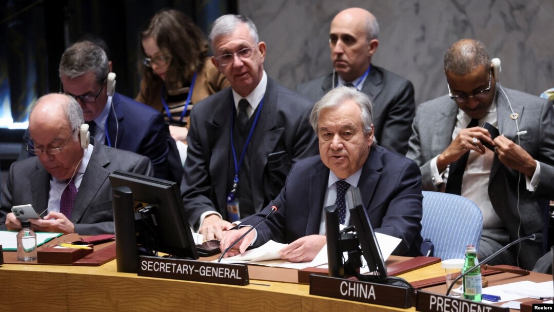United Nations Secretary-General Antonio Guterres attends a United Nations Security Council meeting on the conflict between Israel and Hamas, in New York, Nov. 29, 2023. 