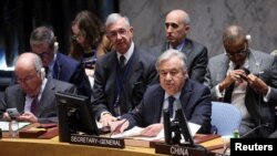 联合国秘书长古特雷斯在安理会以哈冲突会议上讲话。（2023年11月29日）