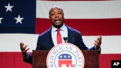 Republican presidential candidate Sen. Tim Scott speaks at the Republican Party of Iowa's 2023 Lincoln Dinner in Des Moines, Iowa, July 28, 2023.