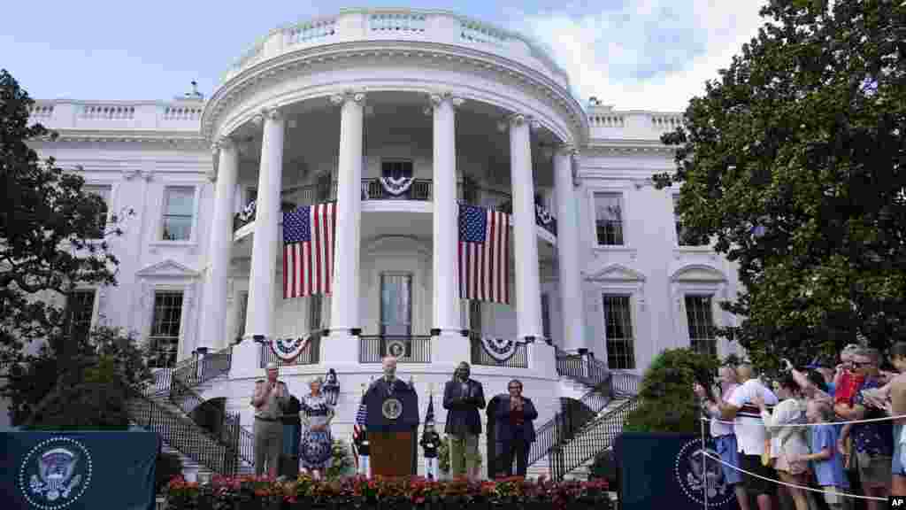 President Joe Biden, speaks on the South Lawn of the White House in Washington, July 4, 2023, during a barbecue with active-duty military families to celebrate the Fourth of July.