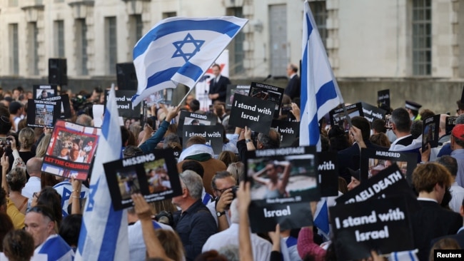 Supporters of Israel hold a solidarity rally near Downing Street, in London, Britain, Oct. 9, 2023.