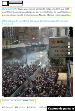 Captura pantalla de un video en X que no corresponde a una manifestación de Venezuela actual, sino de 2017.