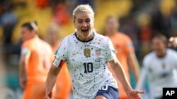 Lindsey Horan celebrates her team's first US goal during the Women's World Cup Group E soccer match between the United States and the Netherlands in Wellington, New Zealand, July 27, 2023. 
