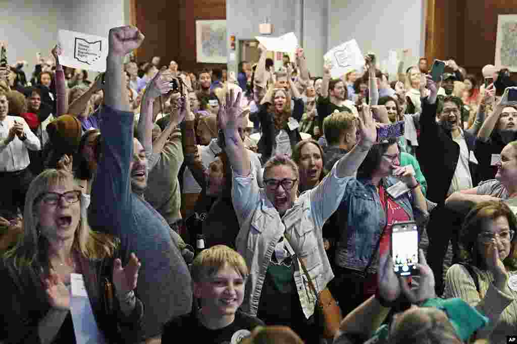 Issue 1 supporters cheer as they watch for election results in Columbus, Ohio, Nov. 7, 2023. Ohio voters have approved a constitutional amendment that guarantees the right to abortion and other forms of reproductive health care.