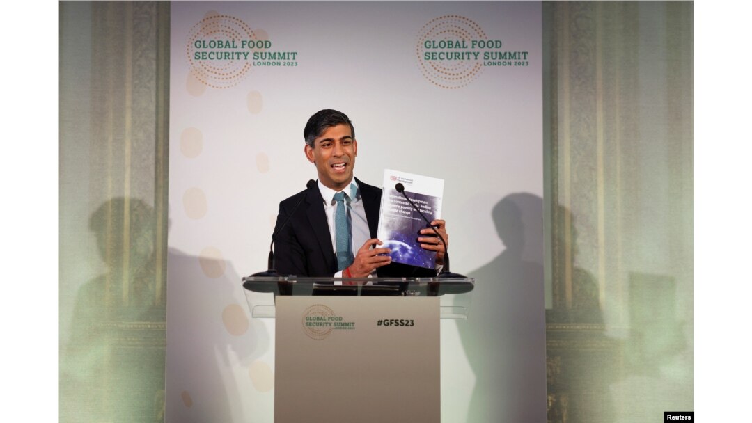 British Prime Minister Rishi Sunak speaks during the opening session of the Global Food Security Summit at Lancaster House in London, Britain, Nov. 20, 2023.