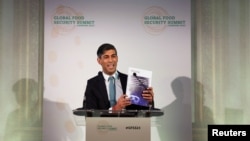 British Prime Minister Rishi Sunak speaks during the opening session of the Global Food Security Summit at Lancaster House in London, Britain, Nov. 20, 2023.