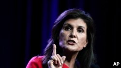 Republican presidential candidate former UN Ambassador Nikki Haley speaks at the Republican Party of Iowa's 2023 Lincoln Dinner in Des Moines, Iowa, July 28, 2023.