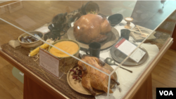 Selection of foods, including turkey, goose, pumpkin, maize, beans and seafood, that were likely served at the first Thanksgiving, as recreated at the Plimoth Patuxet Museums in Plymouth, Massachusetts.