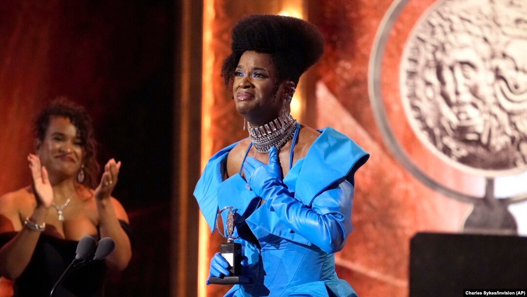 J. Harrison Ghee accepts the award for best performance by an actor in a leading role in a musical for "Some Like It Hot" at the 76th annual Tony Awards on June 11, 2023, at the United Palace theater in New York. (Charles Sykes/Invision/AP)