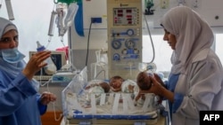 Médicos palestinianos cuidam de bebés prematuros evacuados do hospital Al Shifa para o hospital Emirates em Rafah, no sul da Faixa de Gaza, em 19 de novembro de 2023.