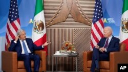 US President Joe Biden meets with Mexican President Andres Manuel Lopez Obrador at the APEC summit, Nov. 17, 2023, in San Francisco.