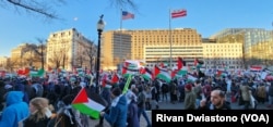 Lautan bendera Palestina yang dikibarkan massa di seantero dan sekeliling lapangan Freedom Plaza, yang terletak satu blok dari Gedung Putih pada Sabtu (13/1). (Foto: VOA/Rivan Dwiastono)