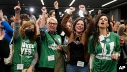Supporters celebrate at a watch party, Nov. 7, 2023, in Columbus Ohio, for a constitutional amendment in Ohio that guaranteed the right to an abortion and other forms of reproductive health care.